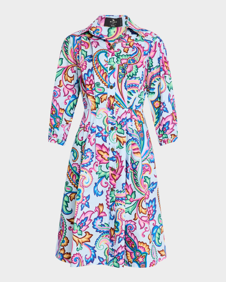 Garden Paisley Puff-Sleeve Pleated Shirtdress